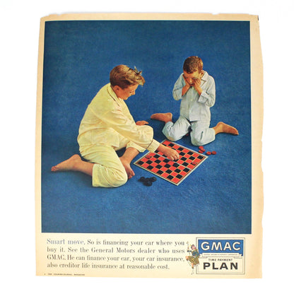 A vintage advertisement page featuring two boys playing checkers on a blue surface, with the GMAC Insurance logo and text.