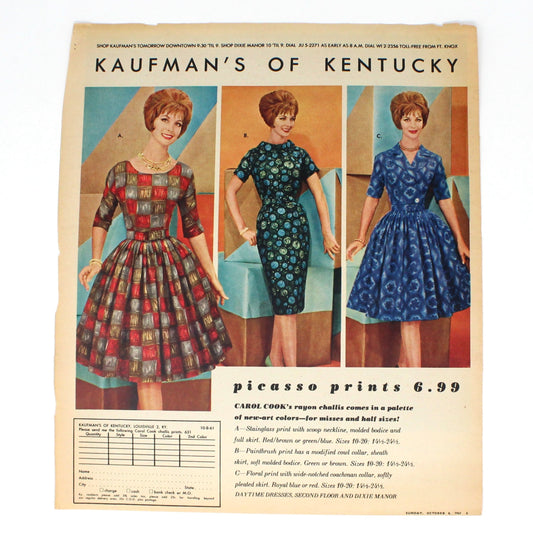 Advertisement, Women's Vintage Fashion Dresses, 1961, Original Magazine Ad, Vintage