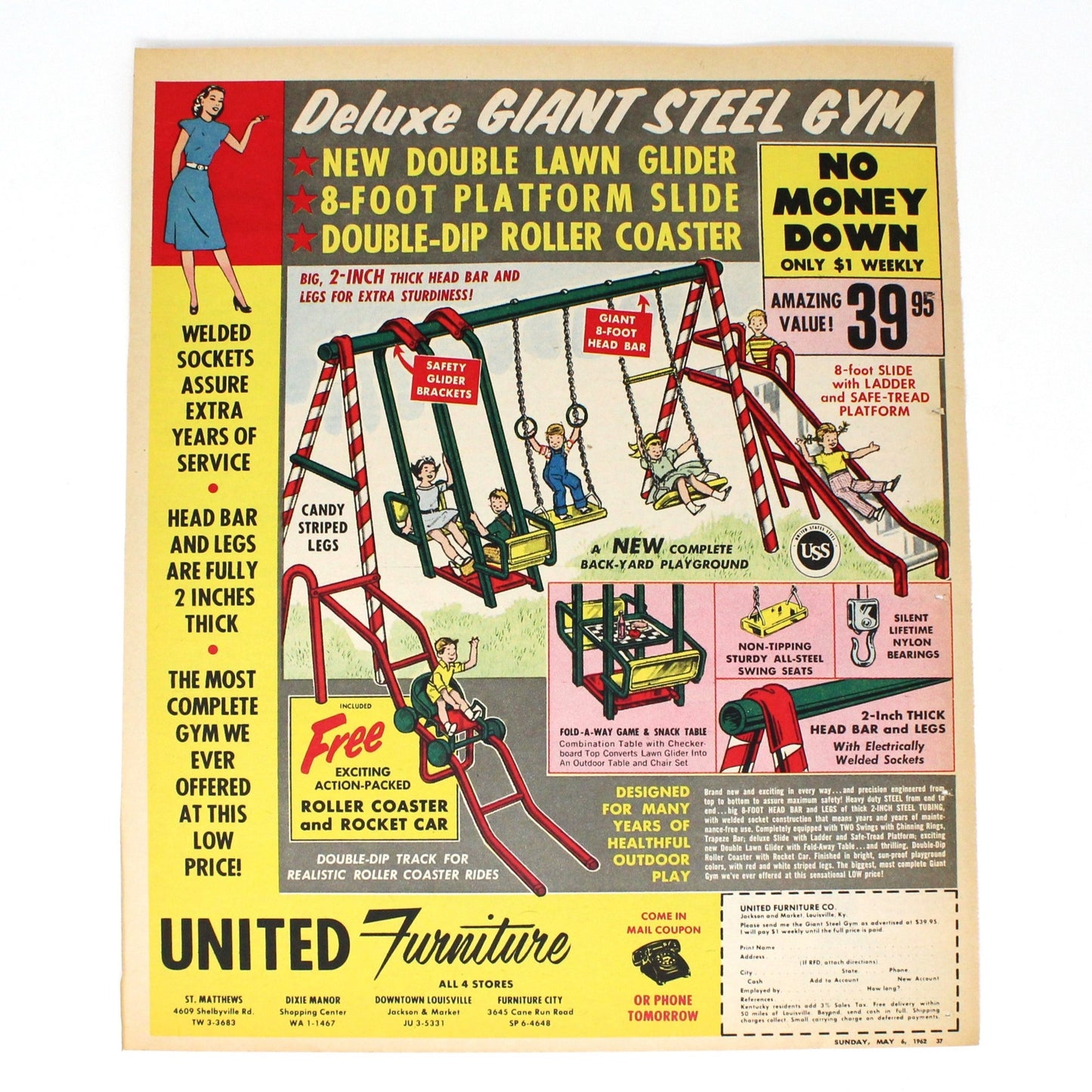 Advertisement, United Furniture Steel Playground Gym, Original 1962 Magazine Ad, Vintage