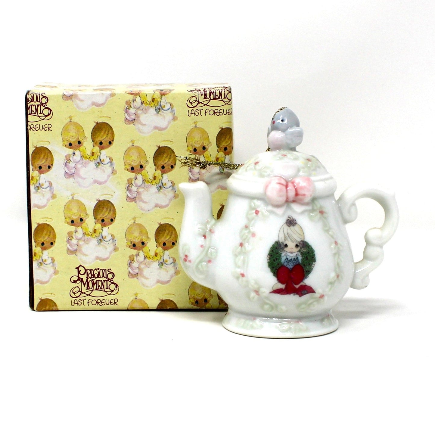 Precious Moments Christmas Ornament, Teapot Shaped Light Cover, Girl With Christmas Wreath, "Surrounded with Joy", Enesco Dated 1994 in Original Box