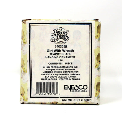 Ornaments, Enesco, Precious Moments Teapot Light Cover, Girl with Christmas Wreath, Vintage 1994