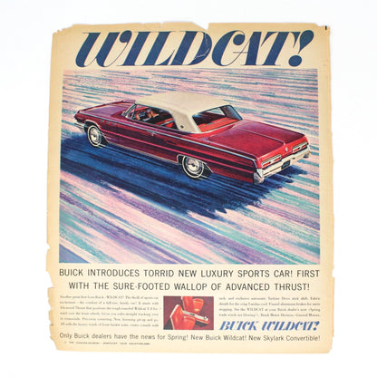 Advertisement, Buick Wildcat Skylark Convertible, Original 1962 Magazine Ad, Vintage