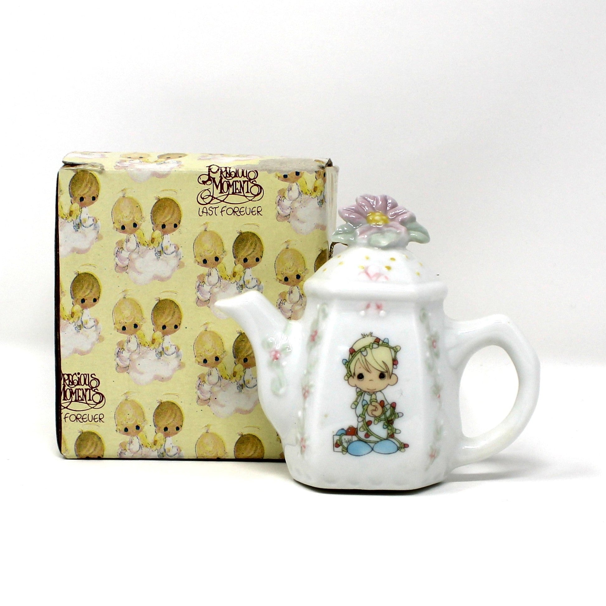 Precious Moments  Christmas Ornament, Teapot Shaped Light Cover, Boy with Christmas Lights, "May Your Christmas Be Delightful", Enesco Dated 1994 in Original Box