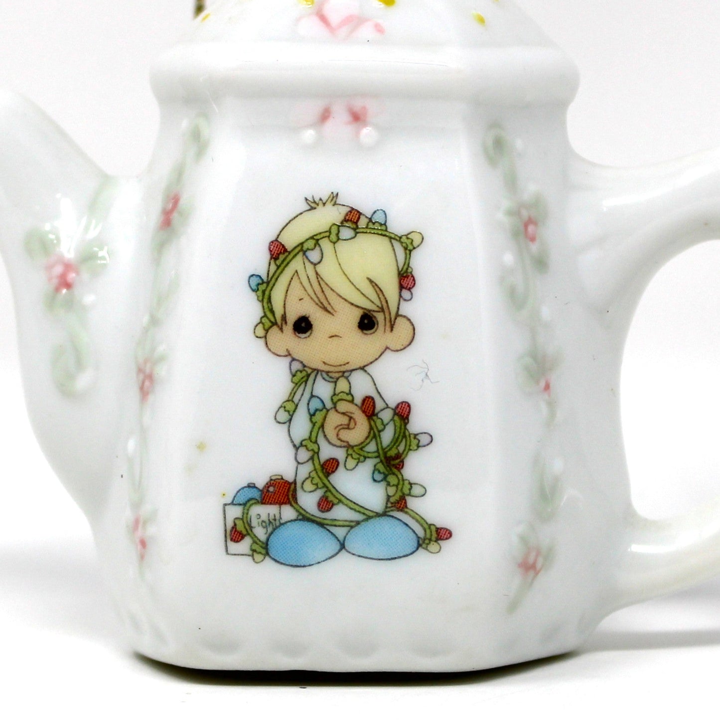 Ornaments, Enesco, Precious Moments Teapot Light Cover, Boy with Christmas Lights, Vintage 1994