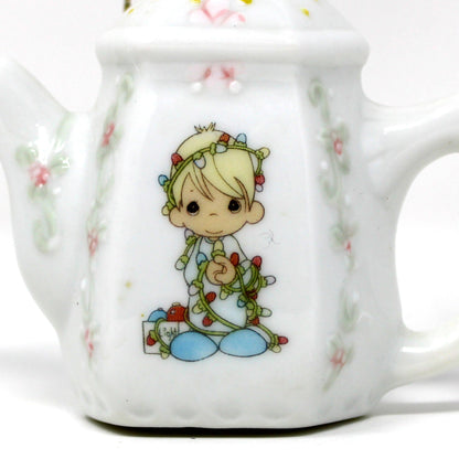 Ornaments, Enesco, Precious Moments Teapot Light Cover, Boy with Christmas Lights, Vintage 1994