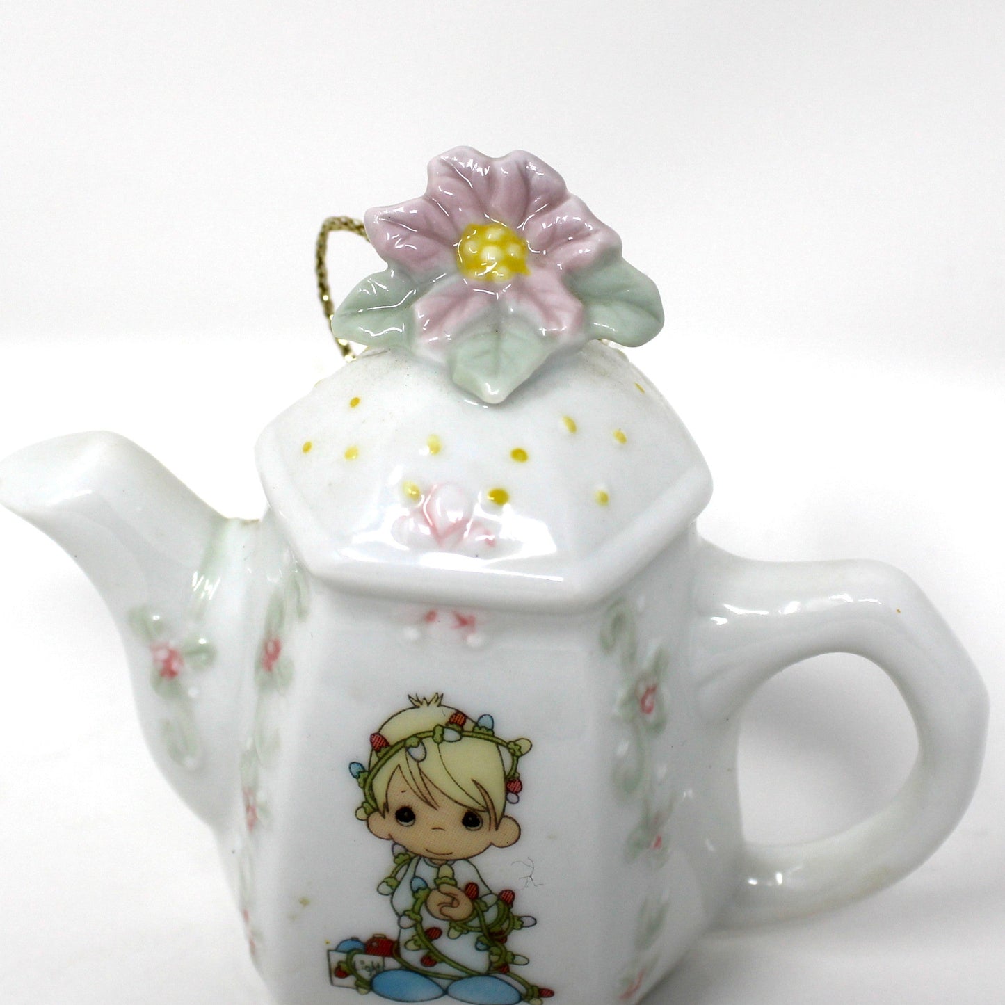 Ornaments, Enesco, Precious Moments Teapot Light Cover, Boy with Christmas Lights, Vintage 1994