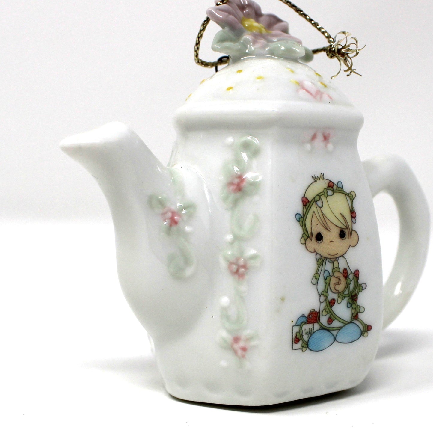 Ornaments, Enesco, Precious Moments Teapot Light Cover, Boy with Christmas Lights, Vintage 1994