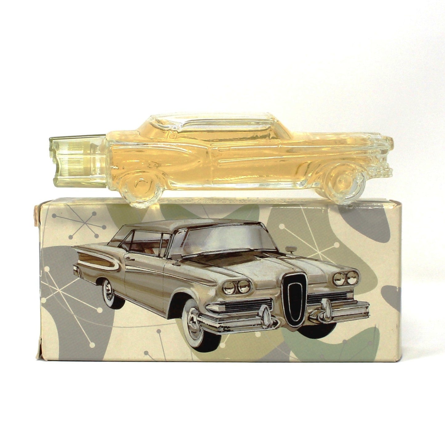 Decanter, After Shave, Avon, 1958 Ford Edsel, Black Suede After Shave in Box, Vintage