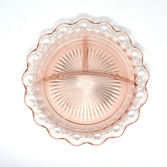 Plate / Grill Plate, Anchor Hocking, Pink Depression Glass, Lace Edge (Old Colony), Vintage