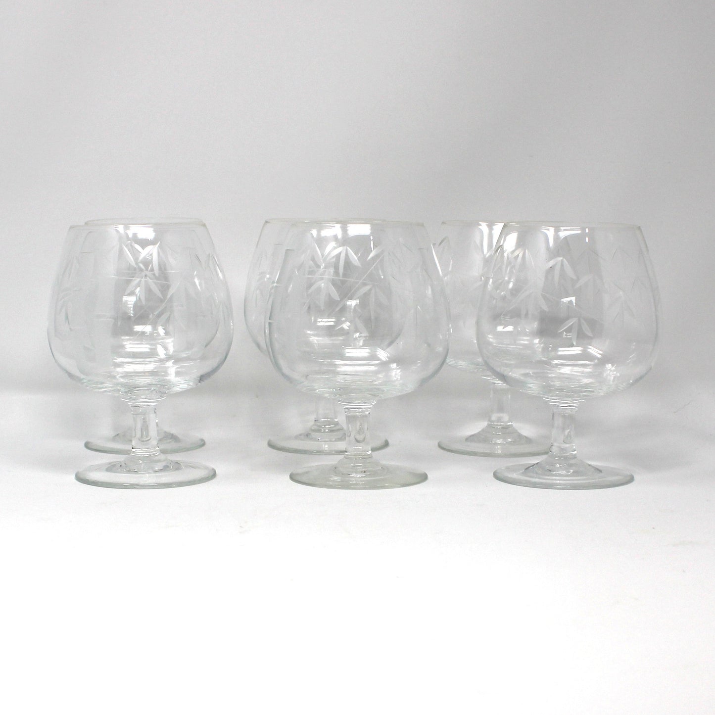 Set of 6 Vintage Brandy Sniffers / Cognac Glass, Cut / Etched Bamboo Pattern,  Mid Century Barware,  Hand Blown Glass Stemware
