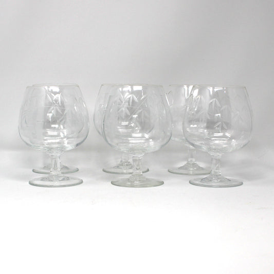 Set of 6 Vintage Brandy Sniffers / Cognac Glass, Cut / Etched Bamboo Pattern,  Mid Century Barware,  Hand Blown Glass Stemware