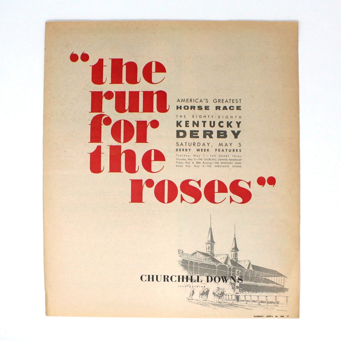 Advertisement, Kentucky Derby Run for the Roses, May 5, 1962, Original Magazine Ad, Vintage