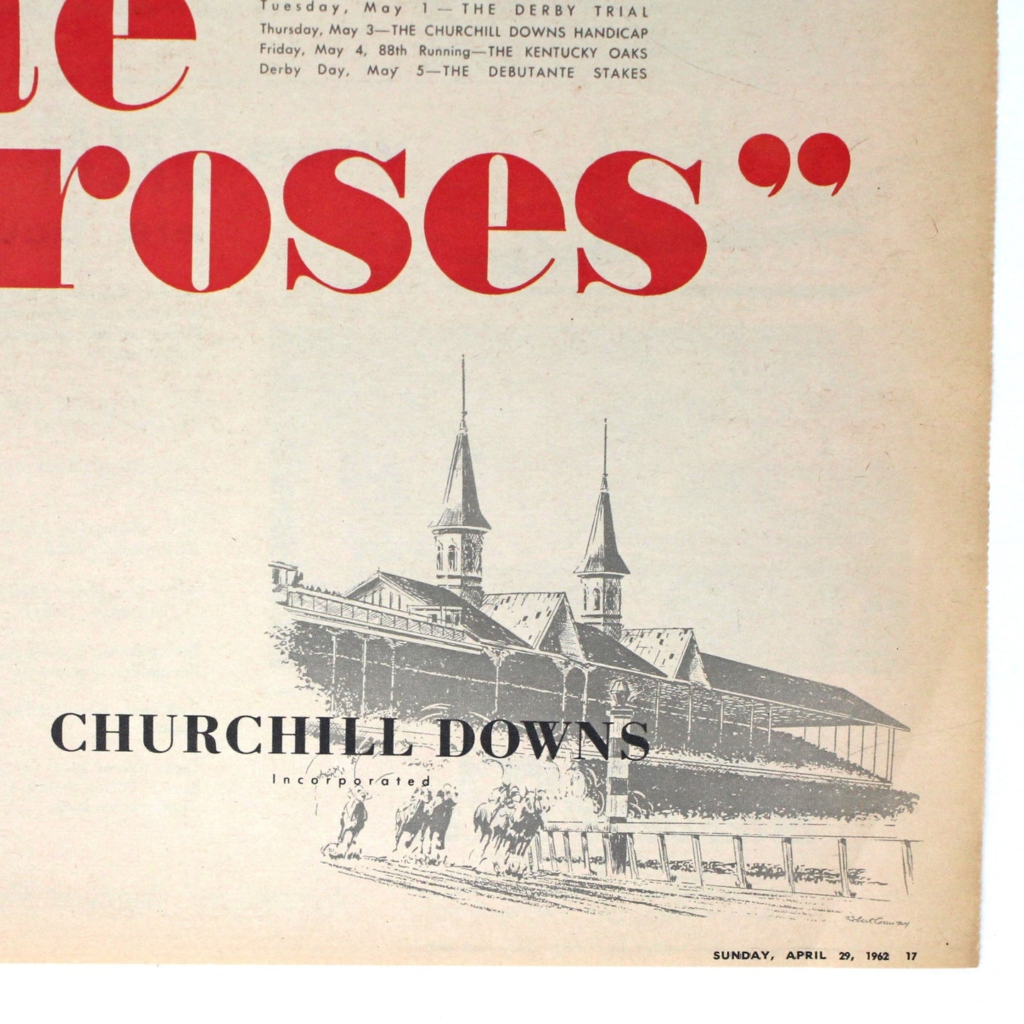 Advertisement, Kentucky Derby Run for the Roses, May 5, 1962, Original Magazine Ad, Vintage