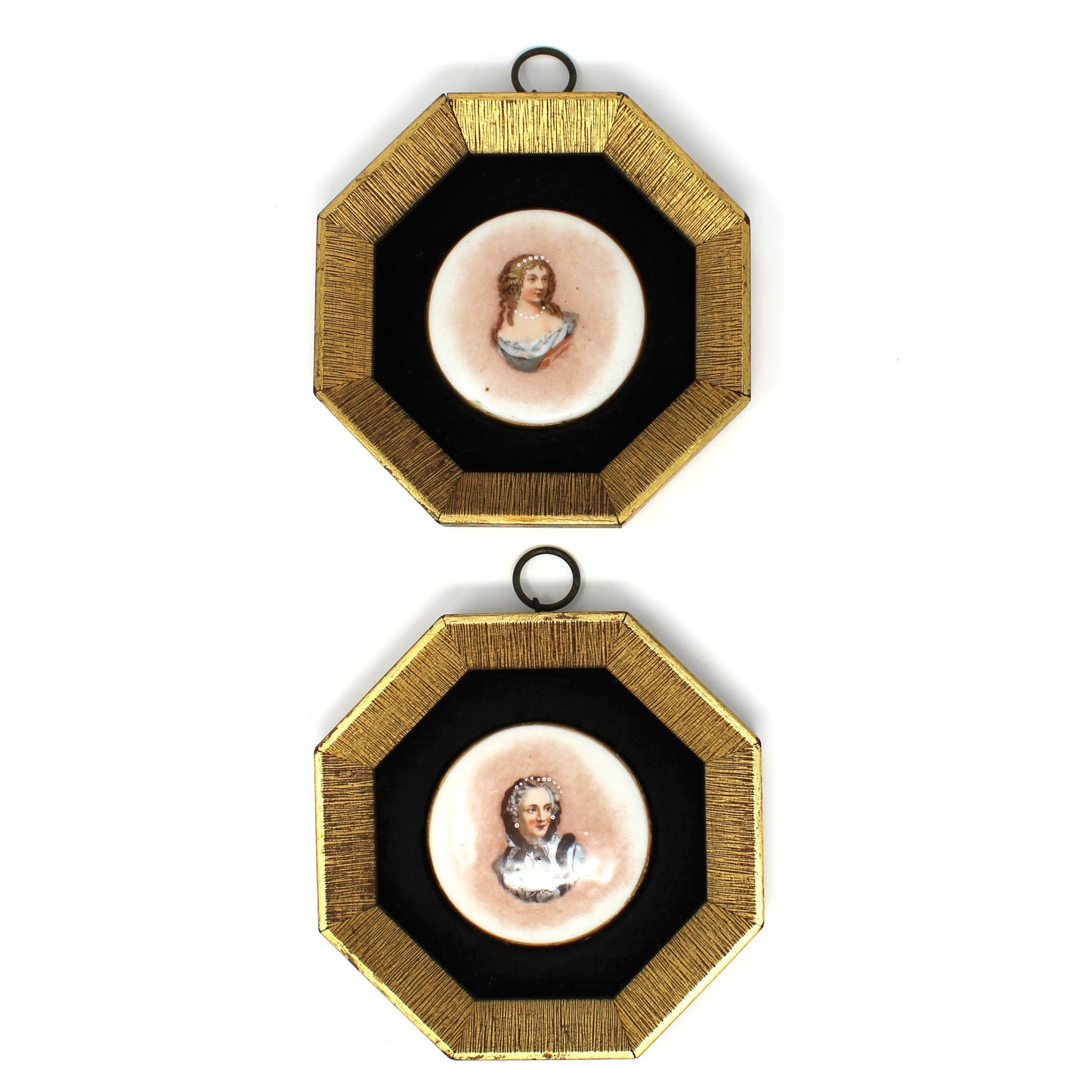 Framed Wall Hanging, Hand Painted Limoges Porcelain Cabochons, Sungott Art Studios, Set of 2, Velvet Matted, Vintage, 1950's