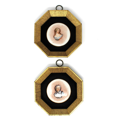 Framed Wall Hanging, Hand Painted Limoges Porcelain Cabochons, Sungott Art Studios, Set of 2, Velvet Matted, Vintage, 1950's