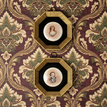 Framed Wall Hanging, Hand Painted Limoges Porcelain Cabochons, Sungott Art Studios, Set of 2, Velvet Matted, Vintage, 1950's