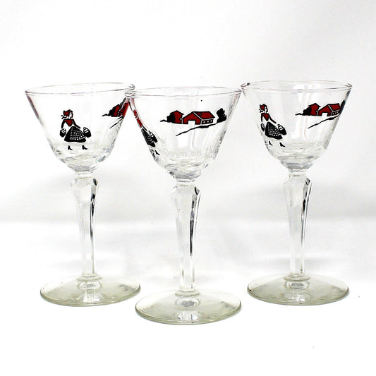 Glasses, Cordials, Cocktail Stemware, Libbey, Down on the Farm, Enamel Design, Set of 3, Vintage