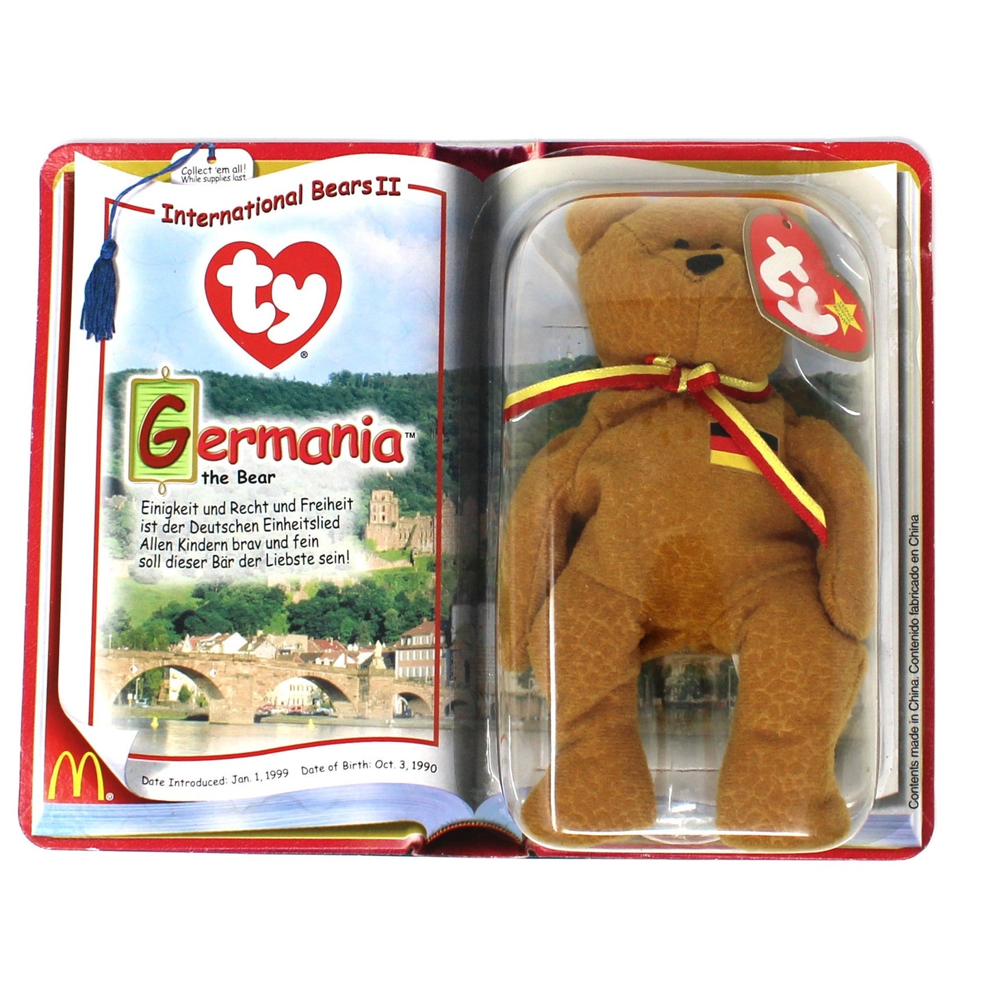 Vintage TY Beanie Baby Germania, from McDonald's International Bear Collection.  Unopened NOS, Plush teddy bear.