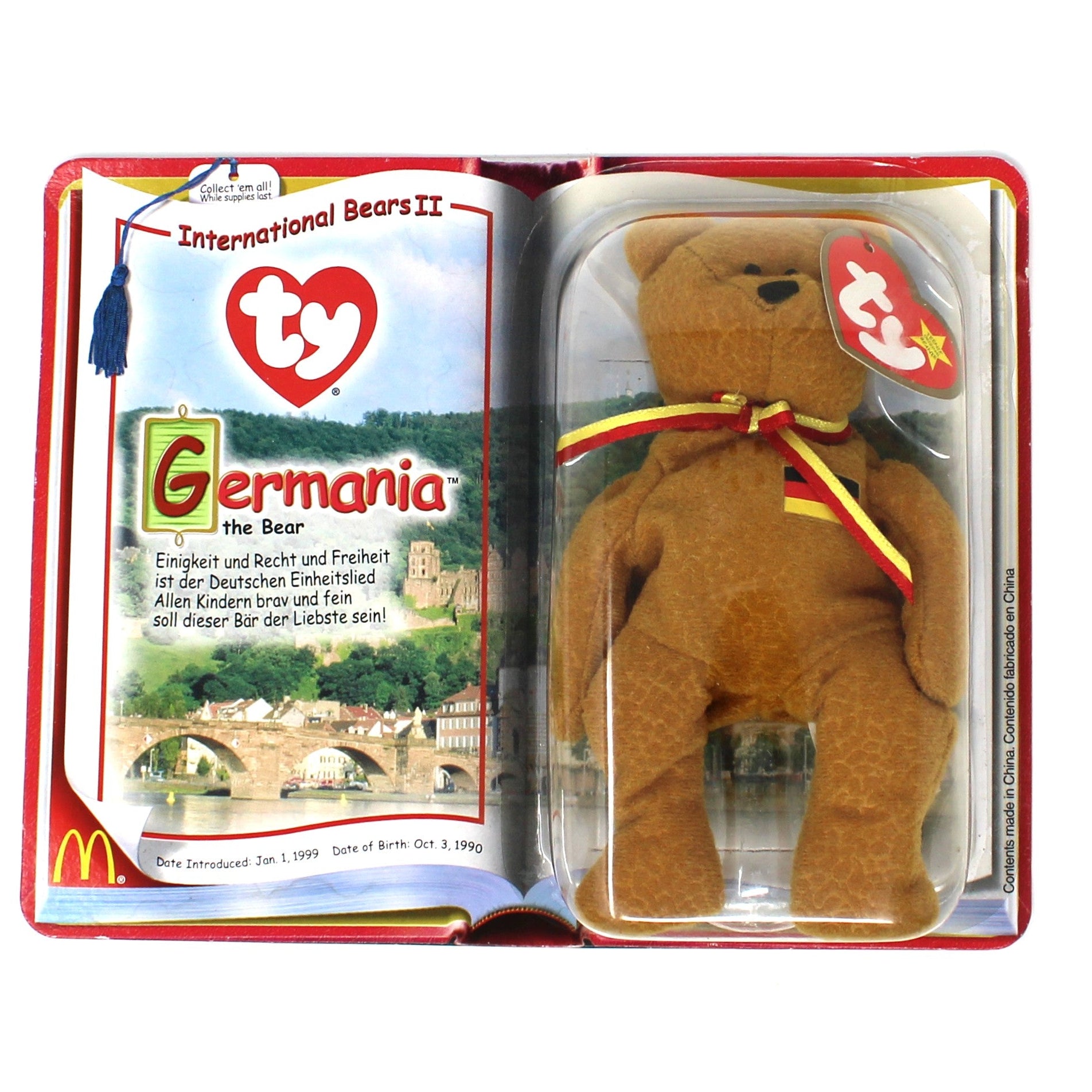 Vintage TY Beanie Baby Germania, from McDonald's International Bear Collection.  Unopened NOS, Plush teddy bear.
