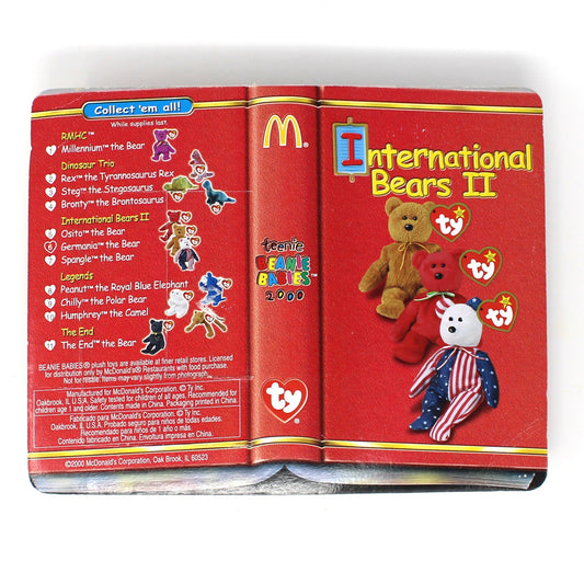 McDonald's Happy Meal toy packaging featuring 'International Bears' Germania TY Beanie bear in original packaging, unopened.  