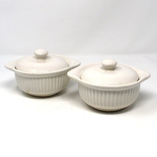 Soup Crocks with Lids and Handles, California USA White Ceramic Bowls, Set of 2 Ovenproof, Vintage