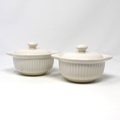 Vintage Set of Two Soup Crocks / Bowls, California USA Pottery 857, White Ceramic Lidded with Handles, 1940's Collectible Pottery.