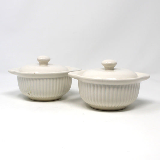 Vintage Set of Two Soup Crocks / Bowls, California USA Pottery 857, White Ceramic Lidded with Handles, 1940's Collectible Pottery.