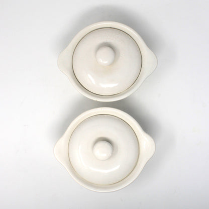 Soup Crocks with Lids and Handles, California USA White Ceramic Bowls, Set of 2 Ovenproof, Vintage