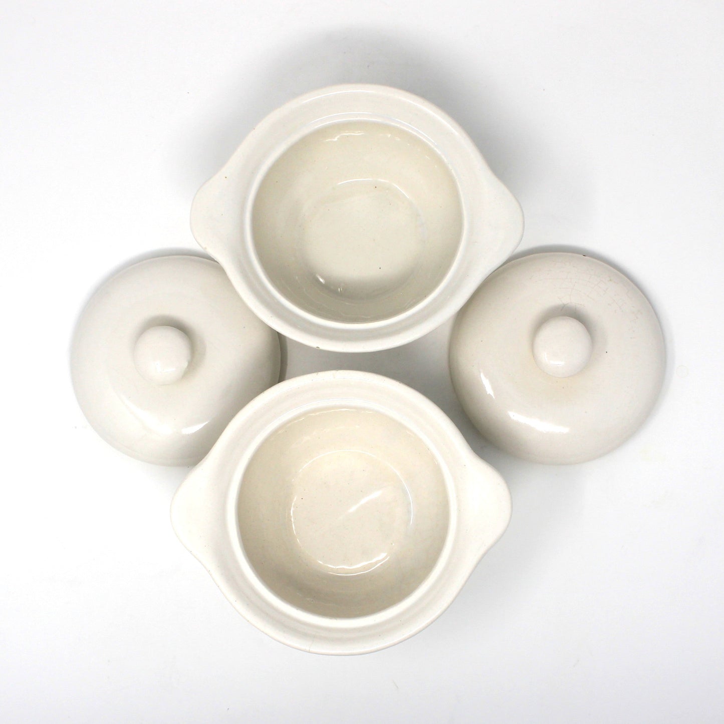 Soup Crocks with Lids and Handles, California USA White Ceramic Bowls, Set of 2 Ovenproof, Vintage