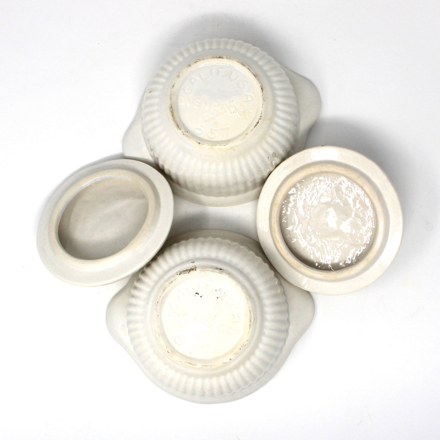 Soup Crocks with Lids and Handles, California USA White Ceramic Bowls, Set of 2 Ovenproof, Vintage