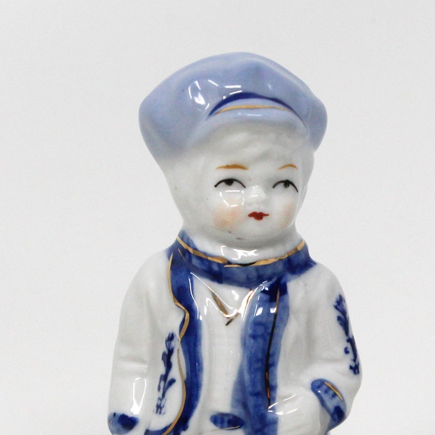 Figurine, Boy and Girl Holding Pets, Blue & White Porcelain, Hand Painted, Vintage Set of 2