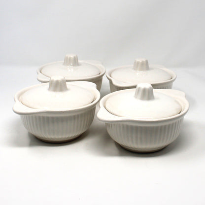 Vintage Set of Four Soup Crocks / Bowls, California USA Pottery 857, White Ceramic Lidded with Handles, Mid Century Dinnerware, Collectible Pottery.