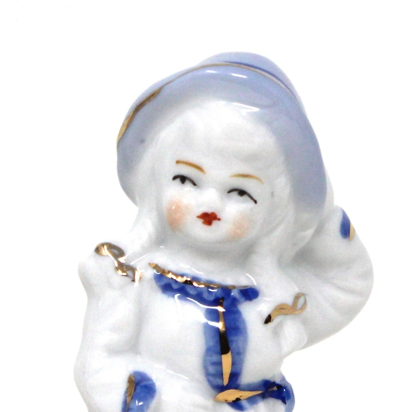 Figurine, Boy and Girl Holding Pets, Blue & White Porcelain, Hand Painted, Vintage Set of 2