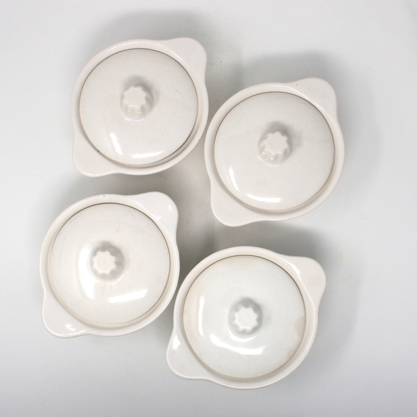 Soup Crocks with Lids and Handles, California USA White Ceramic Bowls, Set of 4, Vintage