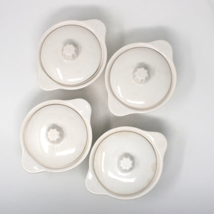 Soup Crocks with Lids and Handles, California USA White Ceramic Bowls, Set of 4, Vintage