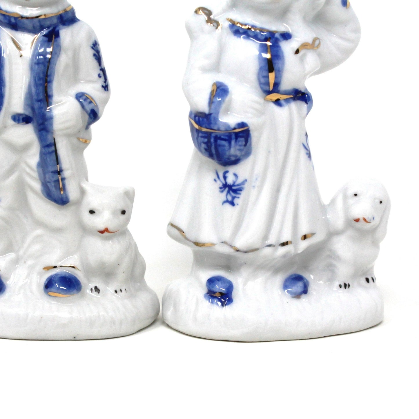 Figurine, Boy and Girl Holding Pets, Blue & White Porcelain, Hand Painted, Vintage Set of 2