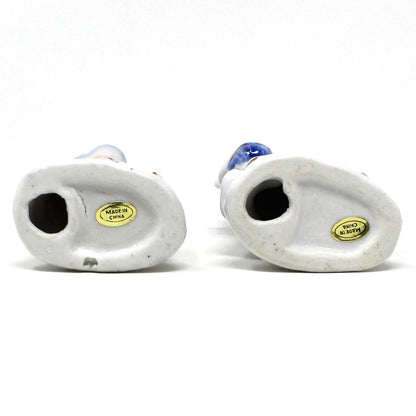 Figurine, Boy and Girl Holding Pets, Blue & White Porcelain, Hand Painted, Vintage Set of 2