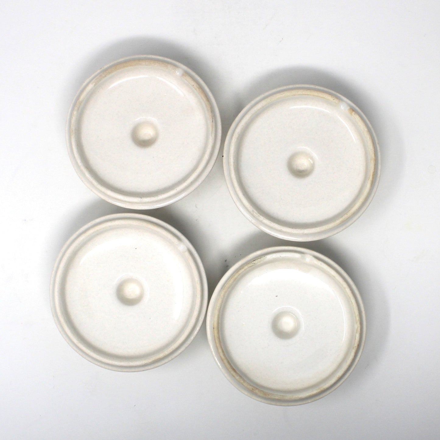 Soup Crocks with Lids and Handles, California USA White Ceramic Bowls, Set of 4, Vintage