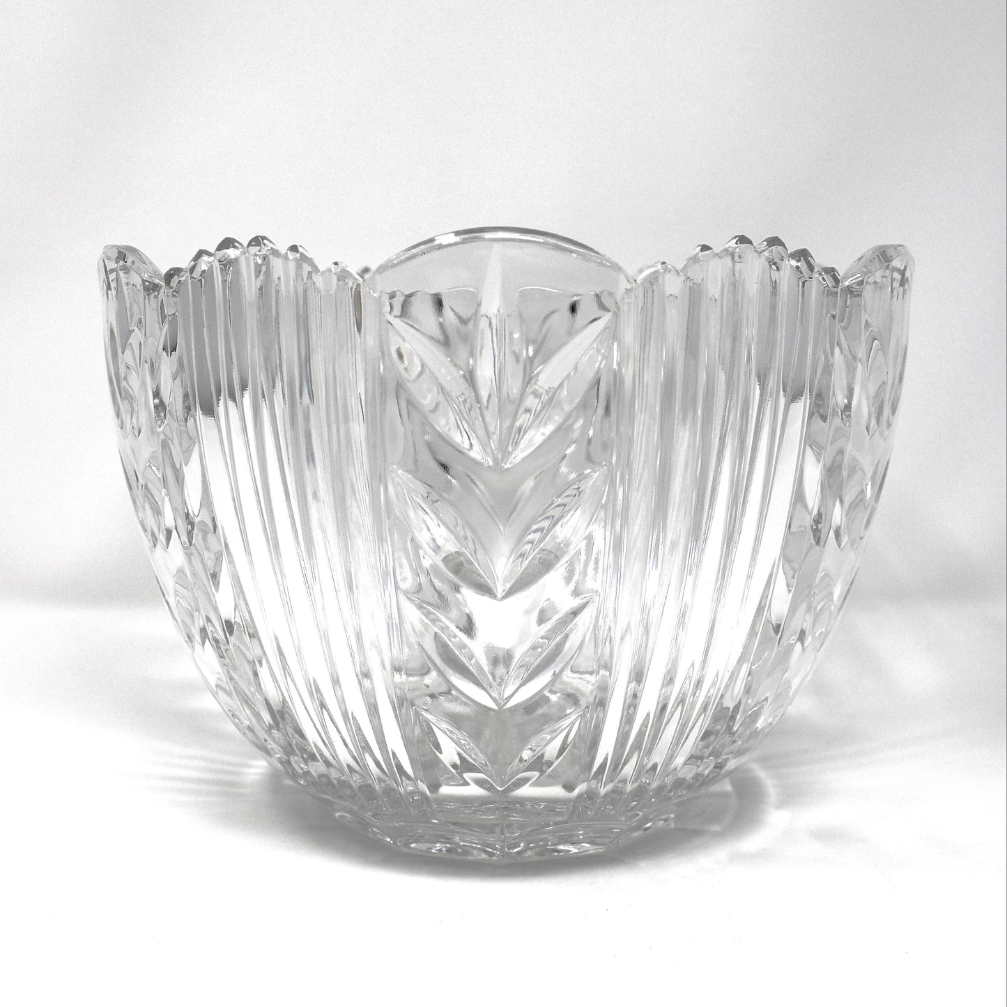Vintage Large Crystal Bowl, by Crystal Clear Industries, Poland.  Cut Leaves Pattern and Sawtooth Rim, 24% Lead Crystal, Elegant Home Decor.