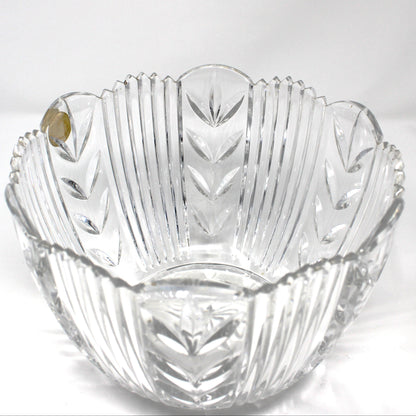 Bowl, Crystal Clear Industries, Poland, Round with Cut Leaves and Sawtooth Rim, 8" Vintage