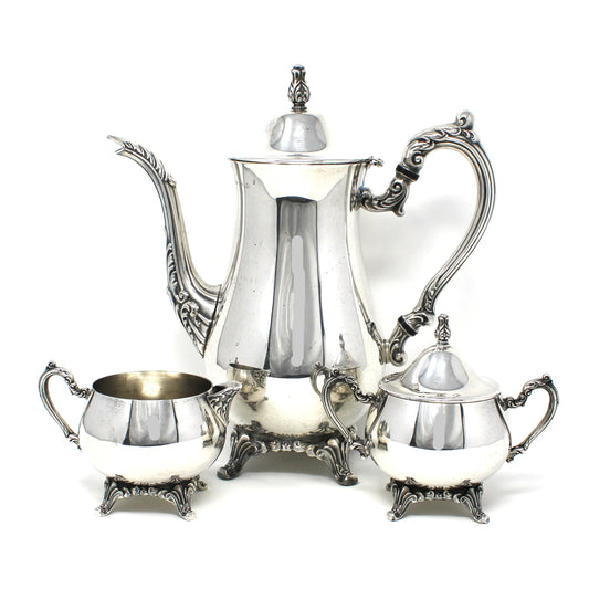 Coffee Serving Set, Silverplate, Coffee Pot, Sugar Bowl with Lid and Creamer, Oneida, Du Maurier Pattern Hollowware, Vintage