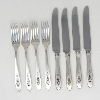 Flatware, Oneida, Silverplate, Forks & Knives Matching Set of 8, Birds of Paradise Pattern, Antique