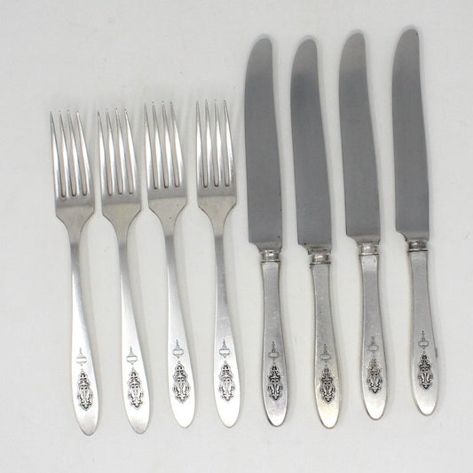 Flatware, Oneida, Silverplate, Forks & Knives Matching Set of 8, Birds of Paradise Pattern, Antique
