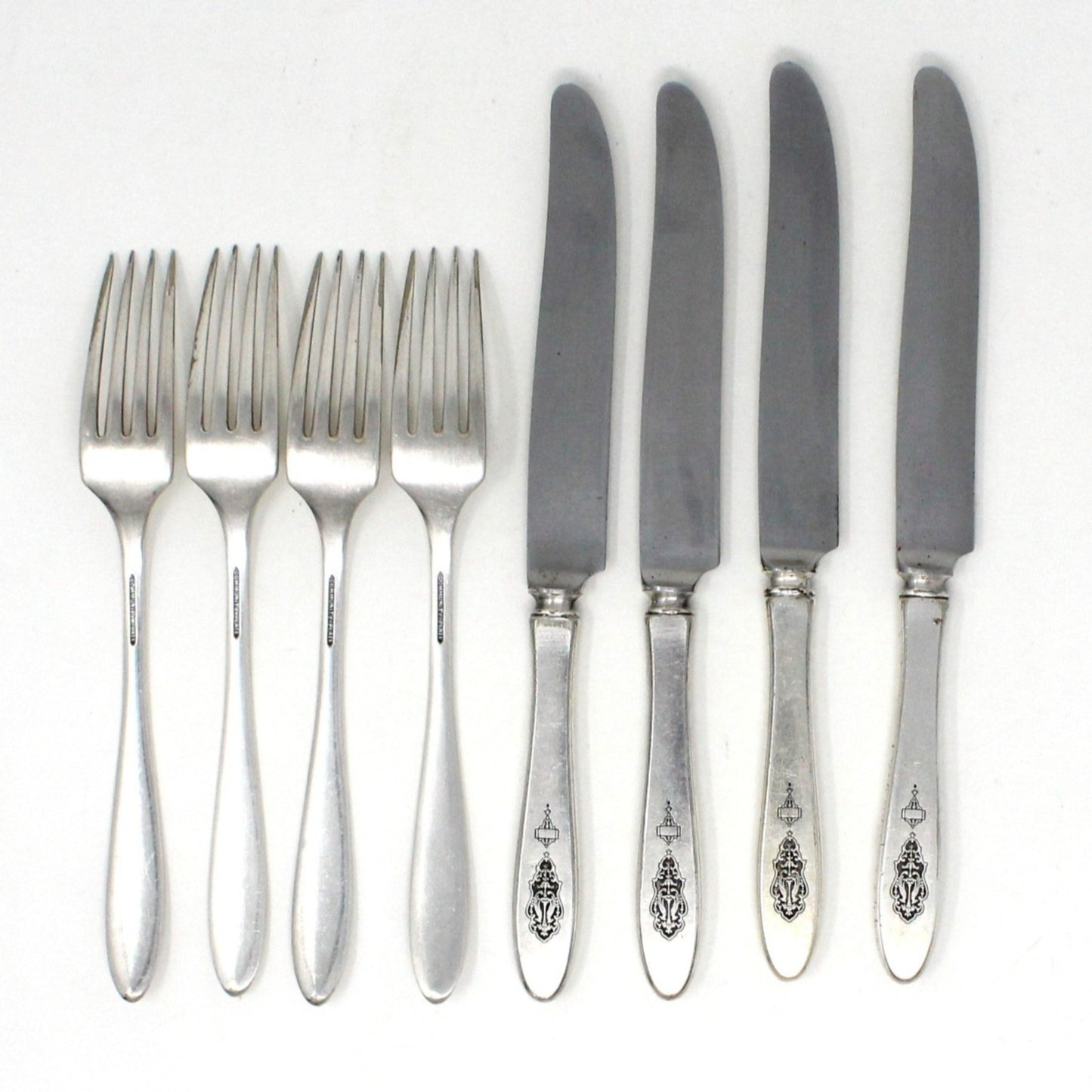 Flatware, Oneida, Silverplate, Forks & Knives Matching Set of 8, Birds of Paradise Pattern, Antique