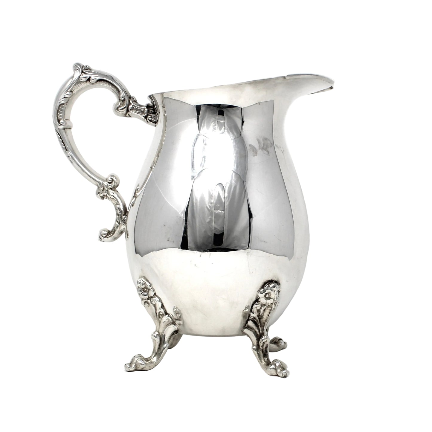 Pitcher, Sheridan, Water Pitcher w/Ice Lip, Silverplate, Footed, Ornate Handle, Vintage