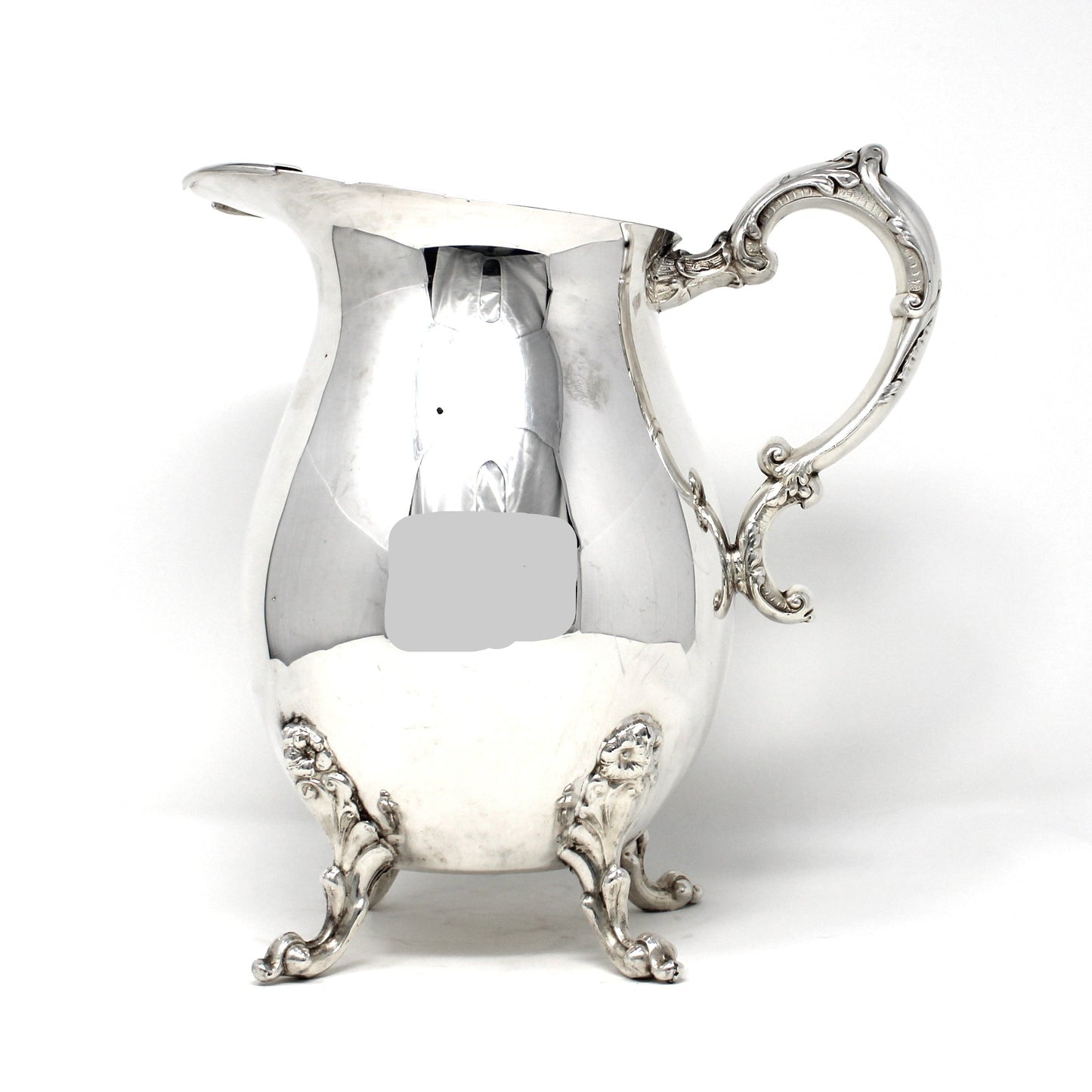 Pitcher, Sheridan, Water Pitcher w/Ice Lip, Silverplate, Footed, Ornate Handle, Vintage