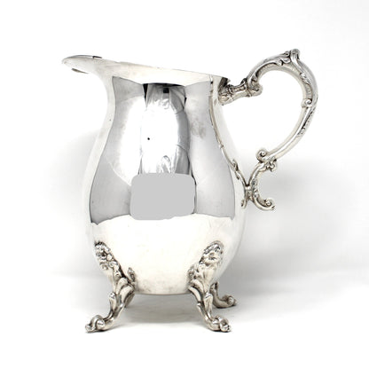 Pitcher, Sheridan, Water Pitcher w/Ice Lip, Silverplate, Footed, Ornate Handle, Vintage