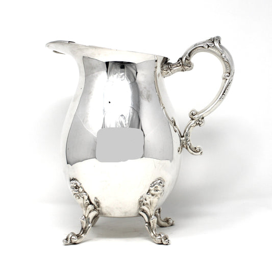 Pitcher, Sheridan, Water Pitcher w/Ice Lip, Silverplate, Footed, Ornate Handle, Vintage