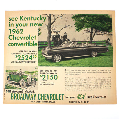Vintage Magazine Advertisement, Chevrolet Convertible, Auto Dealership Ad, Very Scarce, Automobilia, Kentucky Equestrian History, Original Print Ads.