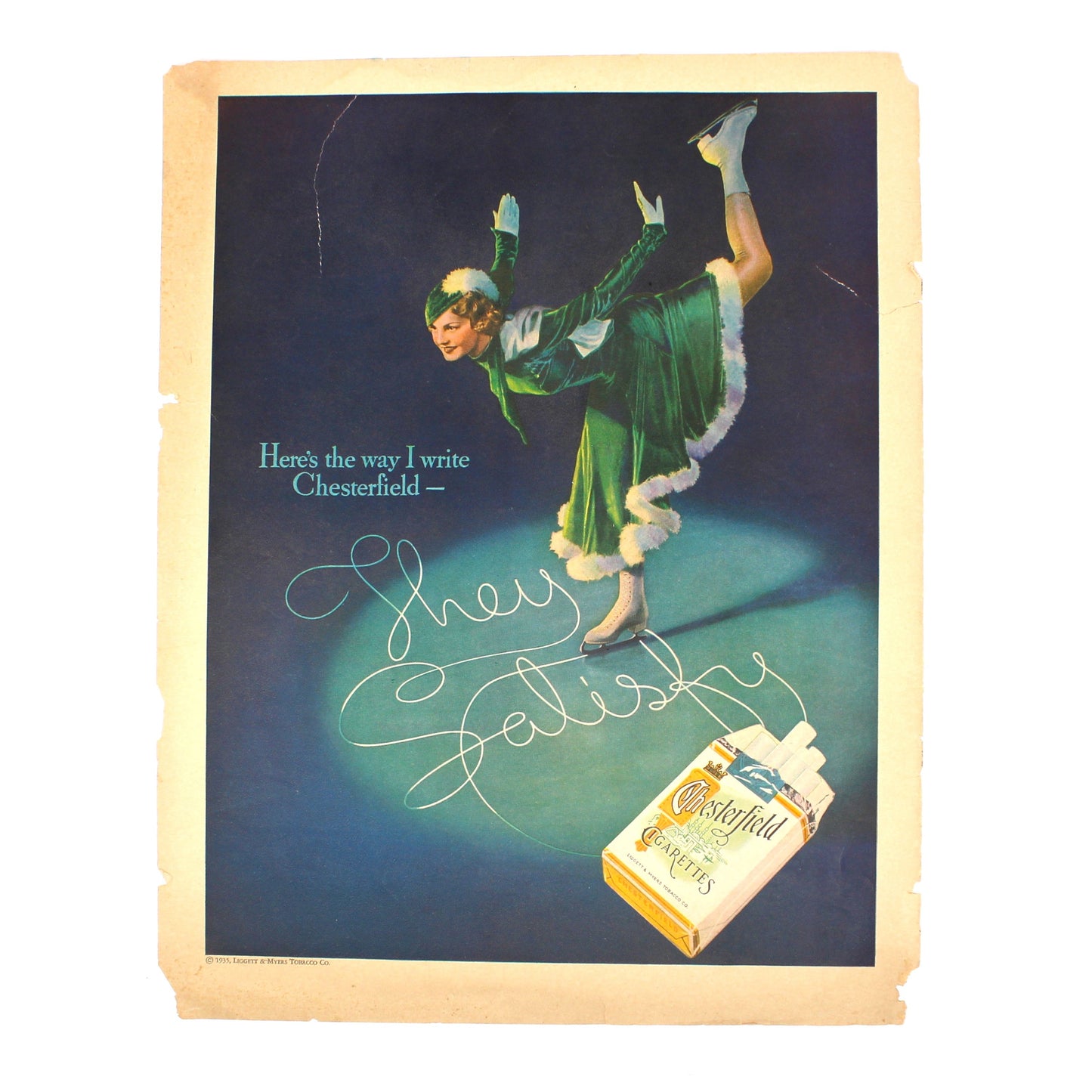 Vintage Chesterfield Cigarettes Advertisement, 1935 Magazine Ad, Full Color / Full Page Original Print Ad, Female Ice Skater, Ephemera